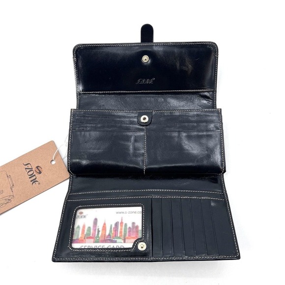 S-ZONE Womens Black Genuine Leather Tri-Fold Long Wallet - Picture 2 of 6
